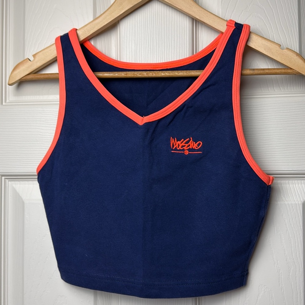 Mossimo Cotton and Spandex V-Neck Athletic Tank Top Navy Blue & Orange M